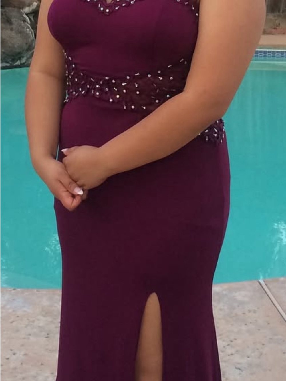 City Triangles Plum Beaded Waist Prom Dress